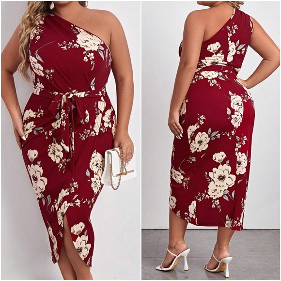 Plus Luxe Floral Print One Shoulder Belted Evening Party Dress - Picture 6 of 6